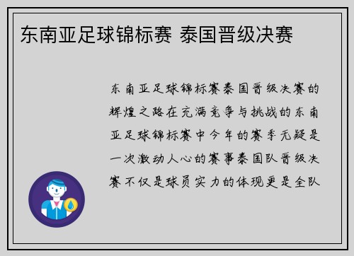 东南亚足球锦标赛 泰国晋级决赛